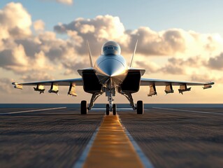 A fighter jet is positioned on the runway, facing forward under a sunset sky filled with dramatic clouds. The golden light highlights the aircraft's sleek design and details.
