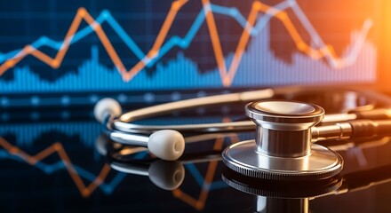 Stethoscope on a reflective surface set against a vibrant glowing financial chart background