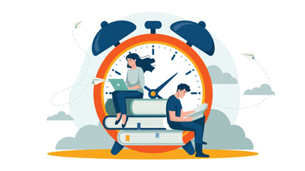 Time Management and Study Motivation — People Reading and Using Laptop on Book Stack with Alarm Clock, Clouds, and Paper Planes
