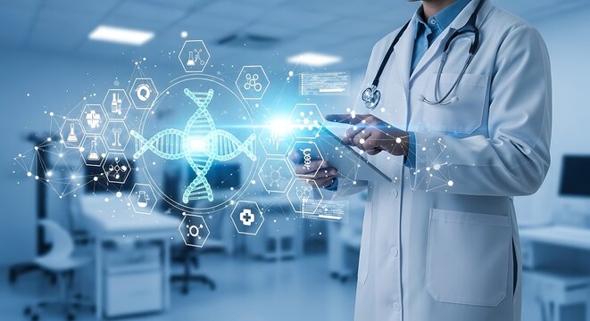 Doctor interacting with a glowing holographic DNA strand and various medical science icons - Powered by Adobe