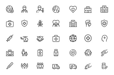 Global Medical Care icon set: vector line pictograms illustrating worldwide health support, vaccination, wellness initiatives, healthcare, and thin linear medical symbols, illustration