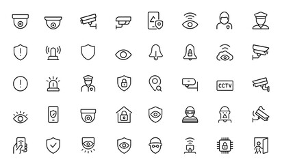 Surveillance glyph icon set: vector pictograms of security monitoring, cctv dome cameras, intrusion alert, remote detection, guard warning, black silhouette signs, protection symbols and more.