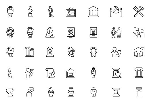 Vector museum icon set with history glyph pictograms: ancient artifact, sculpture, statue, painting, exhibition, archaeology, heritage, tour, architecture, black silhouette illustration