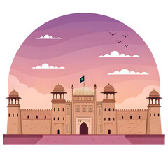 flat illustration of lahore fort with pastel sky