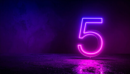 Glowing neon number 5 five, bright light. 3D rendering. Dark backdrop.