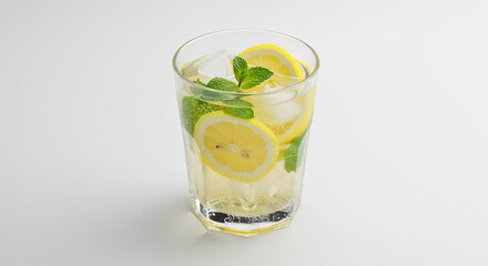 Refreshing lemon drink with mint in glass with ice, ideal for summer