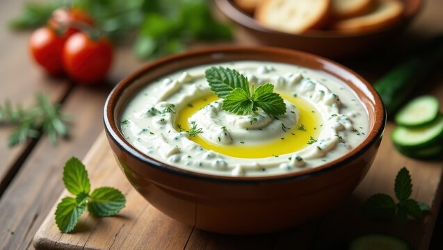 Traditional Turkish Cacik or Greek Tzatziki Yogurt Dip in a Rustic Bowl