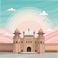 flat illustration of lahore fort with pastel sky