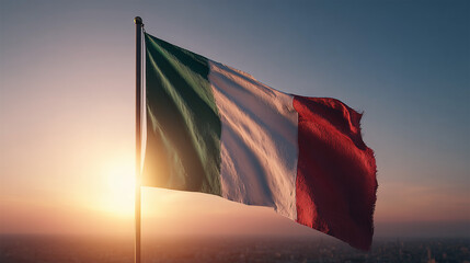 italian flag italy europe waving in the wind at sunset