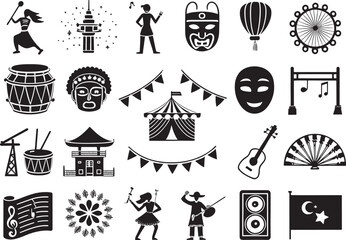 Festival Cultural Icon Silhouettes on White Background  Vector Set