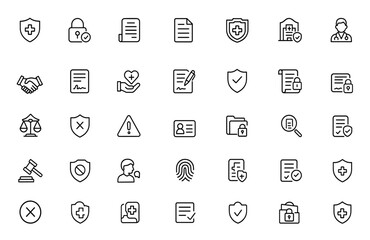 Medical law and ethics vector icon set illustrating healthcare compliance, patient privacy, legal documents, insurance policies, scales of justice, outline line illustration