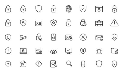 Vector security and privacy icon set: black silhouette glyphs of cybersecurity, lock, key, fingerprint, shield, passcode, access control, protection pictograms illustration, digital safety and more.