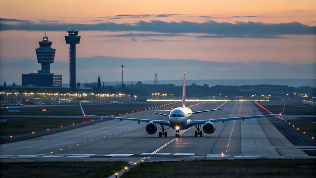 Commercial airplane taxiing on runway at dusk with airport control tower and illuminated terminal buildings in background