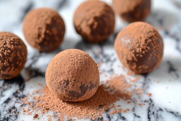 Close-up view of rich chocolate truffles dusted with cocoa powder arranged beautifully on a smooth marble surface, showcasing their decadent texture and color perfectly