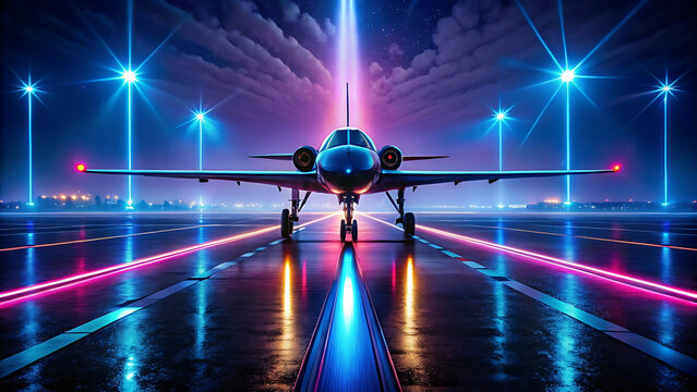 Jet airplane on a brightly lit runway at night with vibrant neon lights and reflections