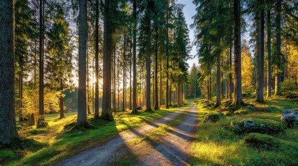 Scenic Forest Path Illuminated By Sunlight