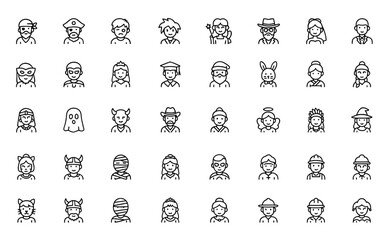 Costume icon set for events, featuring vector line pictograms of pirate, knight, zombie, anime cosplay, fairy, steampunk, western cowboy, wedding, tuxedo, masquerade, superhero and more.