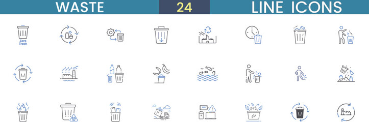 Waste Management and Recycling Line Icons – 24 Editable Vector Symbols for Trash, Pollution, and Eco Awareness