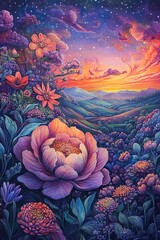 A stunning floral landscape featuring vibrant flowers in full bloom under a colorful sunset. The starry sky adds a touch of magic to the serene scene.