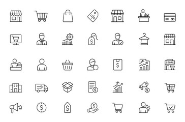 Fototapeta na wymiar Retail and shopping icon set: vector glyph pictograms of storefront, cart, bag, cashier, store, marketplace, e-commerce, business, management black silhouette illustration and more.