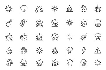 Detonation explosion icon set, vector pictograms illustrating blast, bomb, dynamite, impact, shockwave, mushroom cloud, explosive forces, thin linear outline illustration and more.