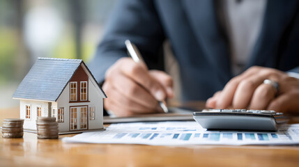 Fototapeta premium Real Estate concept, Agent to present the property .price for loan investment chart graph documents and calculating table payment to customer.