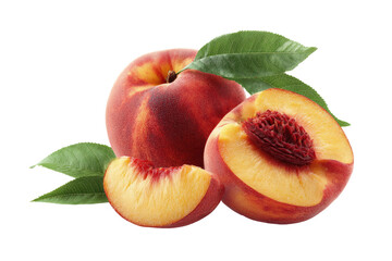 Fresh peaches, whole and sliced, with leaves