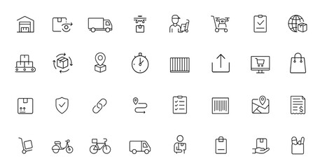 Logistics and delivery icon set with vector glyphs: black silhouette pictograms of warehouse, package, truck, drone, courier, shipping, supply chain, e-commerce, shopping bag concept and more.