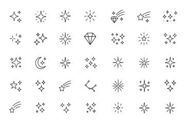 Cosmic star line icon set with sparkle, shooting star, magical wand, diamond, constellation pictograms, and magical elements in thin vector linear illustration, celestial design and more.