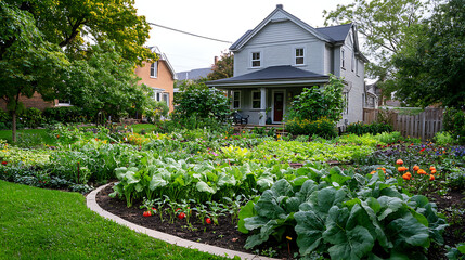 Fototapeta premium A suburban front yard in the beginning stages of transforming into a lush green vegetable garden 