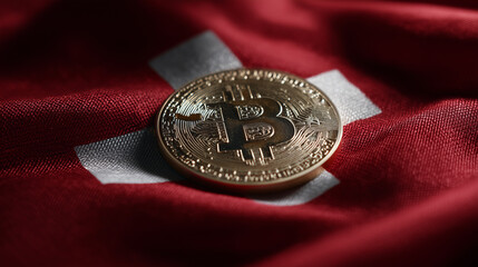 bitcoin coin lying on swiss country flag