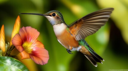 Fototapeta premium A captivating hummingbird hovers near colorful tropical flowers, displaying its iridescent feathers in high detail