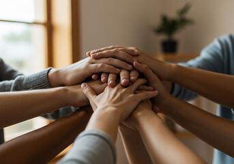 A diverse group of people stack their hands together in a display of unity, teamwork, and collaboration, symbolizing support and shared goals.