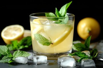 Fototapeta premium Lemonade filled with ice cubes and fresh mint leaves sits in a glass, surrounded by lemon halves and mint on a dark surface, capturing the essence of summer refreshment