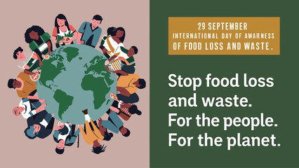 Vector Illustration of Food Waste Awareness with Rotting Vegetables, Trash Can, and Stop Food Waste Message