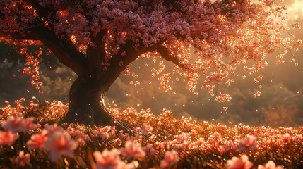  A tree in the midst of blooming spring flowers, located in the journey's heart 
