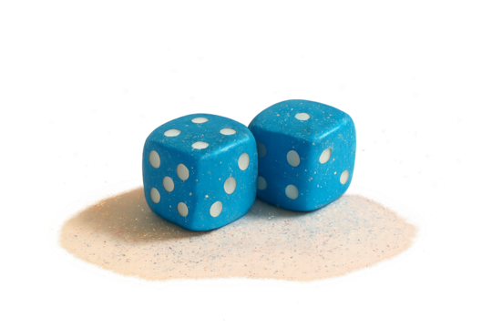 Blue sparkly dice on glitter sand with transparent background