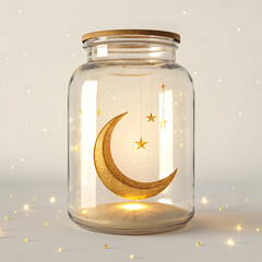 golden crescent moon floating in a glass jar ra