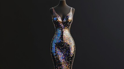 This modern dress, adorned with sequins, captures attention in a high-end club atmosphere, radiating vibrant colors and elegance while inviting nightlife glamour