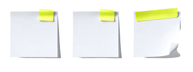 Three blank white notepads with yellow sticky notes