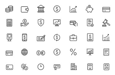 Finance thin line icon set with vector pictograms of money, wallet, banking tools, currency symbols, investment chart, piggy bank, financial services, dollar linear illustration, economy, savings