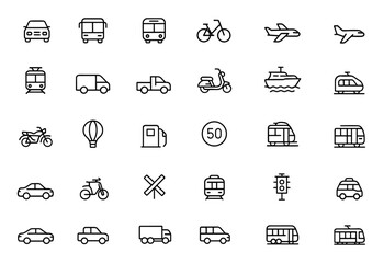 Transportation vehicle icon set with vector glyph pictograms of travel, logistics, public transit, car, train, bus, bicycle, boat, airplane silhouette illustration, transport, commute, delivery