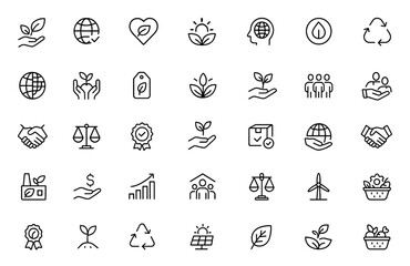 Sustainability and Fair Trade icon set. Vector thin line pictograms illustrating ethical practices, global responsibility, eco-friendly initiatives, environment, green, organic, social, ethics