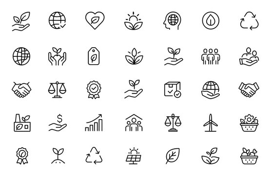 Sustainability and Fair Trade icon set. Vector thin line pictograms illustrating ethical practices, global responsibility, eco-friendly initiatives, environment, green, organic, social, ethics