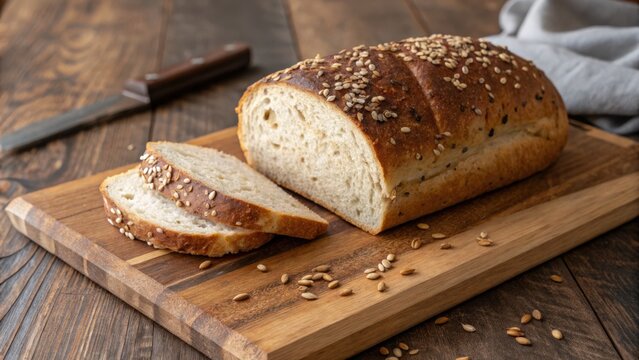 Rustic whole grain bread loaf sliced on a wooden cutting board