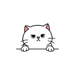 Cute grumpy white cat peeking over a ledge, vector illustration
