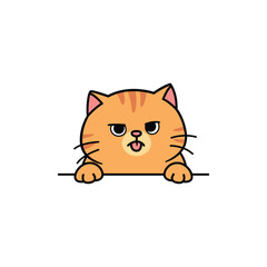 Cute grumpy orange cat tongue out and peeking over a ledge, vector illustration