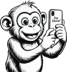 Cheeky Monkey Selfie  Funny Animal Line Art Illustration
