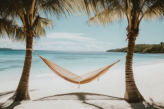 Elegant beach hammock tied between two palm trees, soft white sand, calm turquoise sea in the background, luxury summer vibe