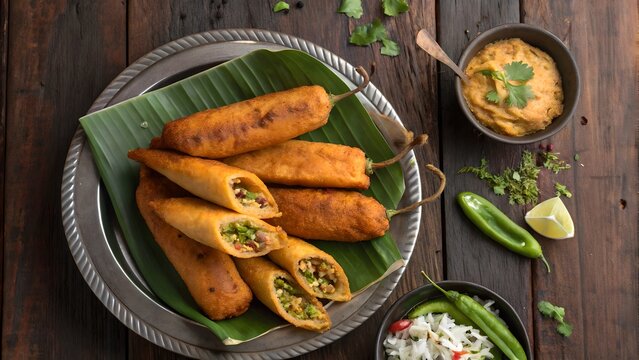 Crispy Mirchi Bajji with Chutney &ndash; South Indian Chili Fritters on Rustic Wooden Table